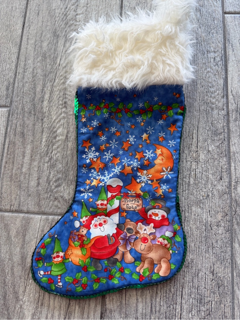 Handmade Mini Santa at North Pole Christmas Stocking with White Faux Fur Cuff